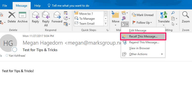 recalling a message in outlook