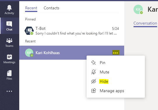 Office 365 Hide And Unhide A Chat In Microsoft Teams The Marks Group Small Business Consulting Crm Consultancy
